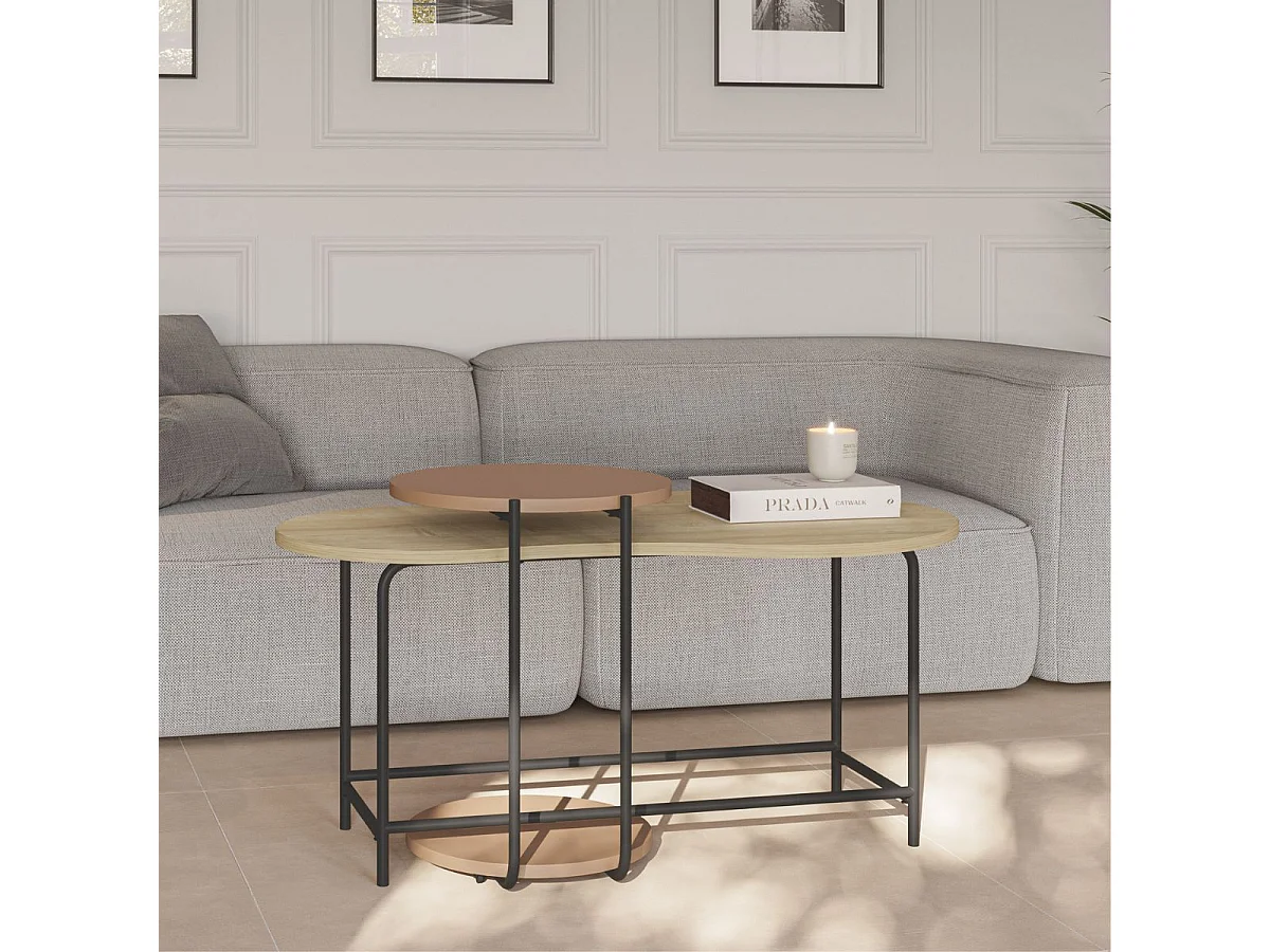 Tables basses gigogne 1 table ovale plateau imitation bois et 1 table ronde plateau terracotta piètement métal noir - RHEA