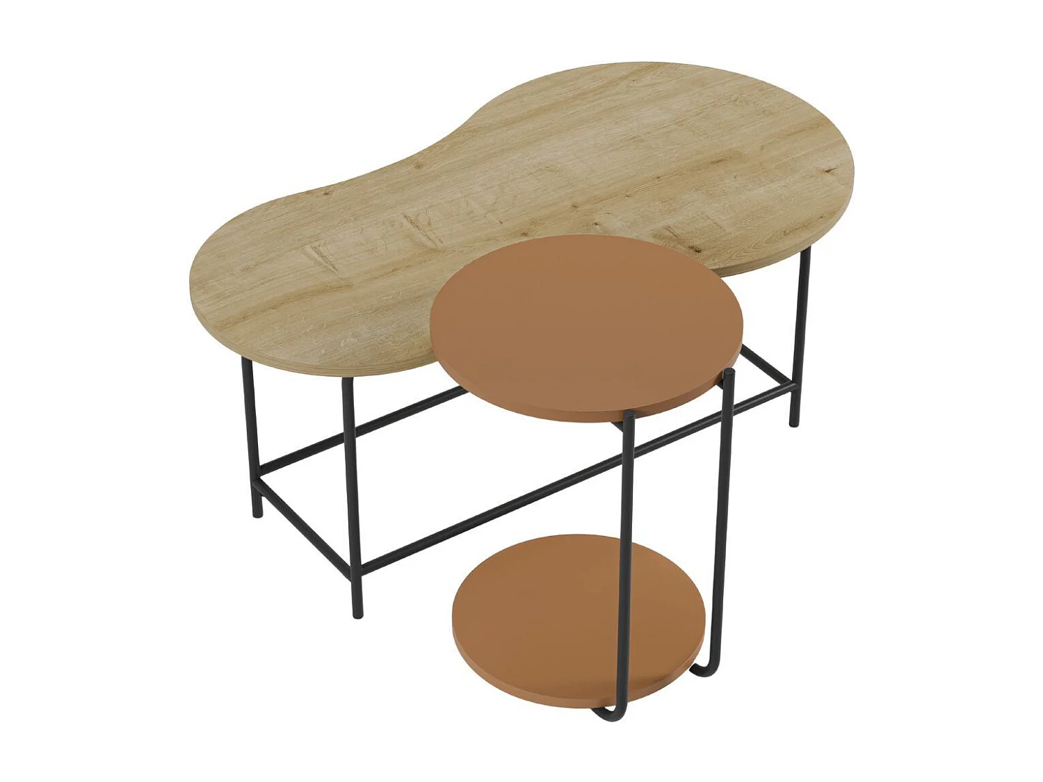 Tables basses gigogne 1 table ovale plateau imitation bois et 1 table ronde plateau terracotta piètement métal noir - RHEA