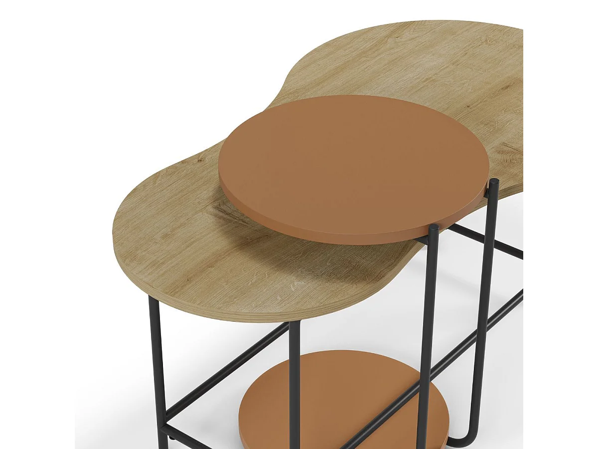 Tables basses gigogne 1 table ovale plateau imitation bois et 1 table ronde plateau terracotta piètement métal noir - RHEA