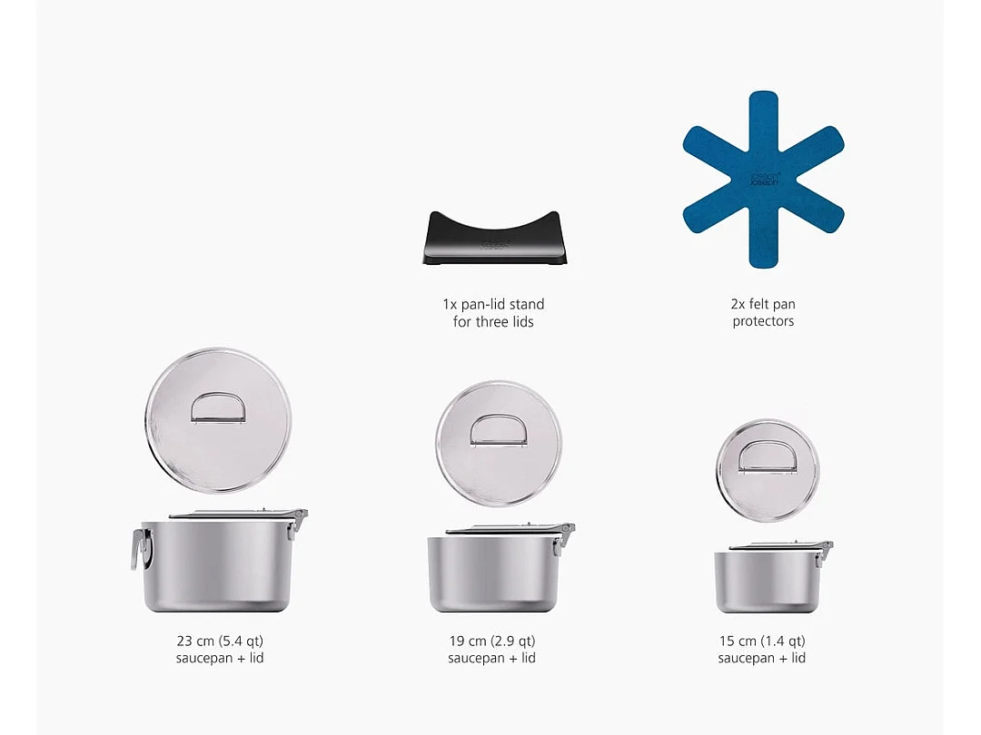 Joseph Joseph Space Steel set van 3 roestvrijstalen pannen, professioneel gebruik, inklapbare handgrepen, geschikt voor inductie.