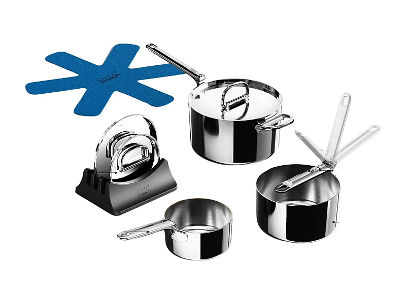 Joseph Joseph Space Steel set van 3 roestvrijstalen pannen, professioneel gebruik, inklapbare handgrepen, geschikt voor inductie.
