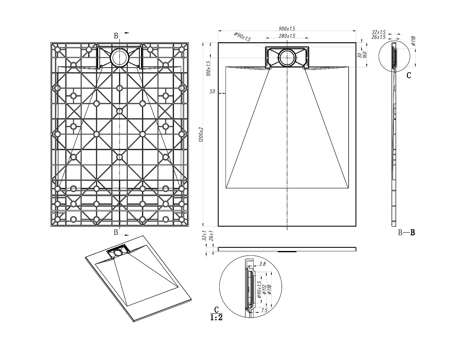 Receveur extra-plat à poser ou à encastrer recoupable en résine SMC avec siphon - Blanc mat - 120 x 90 cm - TARPOSA