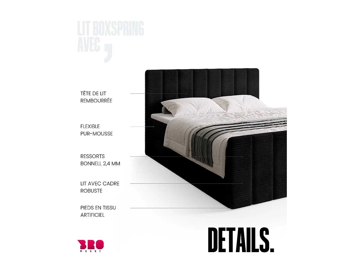 Lit boxspring avec rangement DENVER DUO - matelas - surmatelas - noir - 160x200 cm