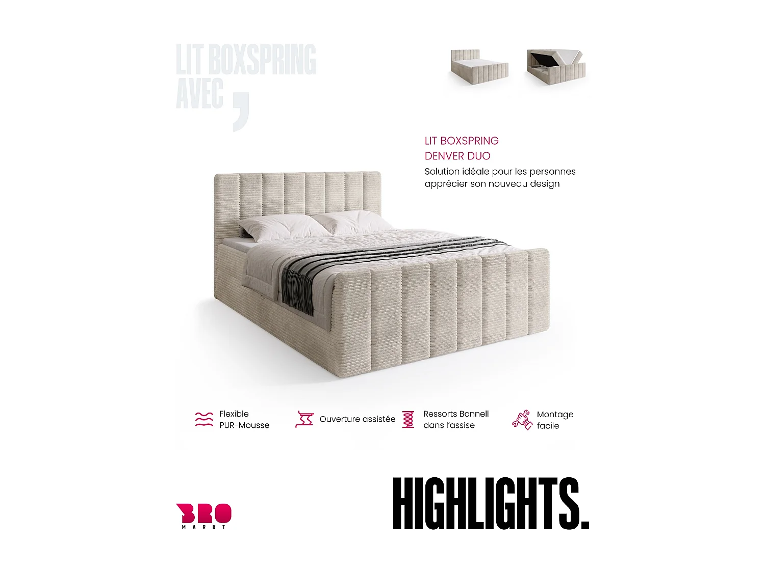 Lit boxspring avec rangement DENVER DUO - matelas - surmatelas - blanc - 140x200 cm