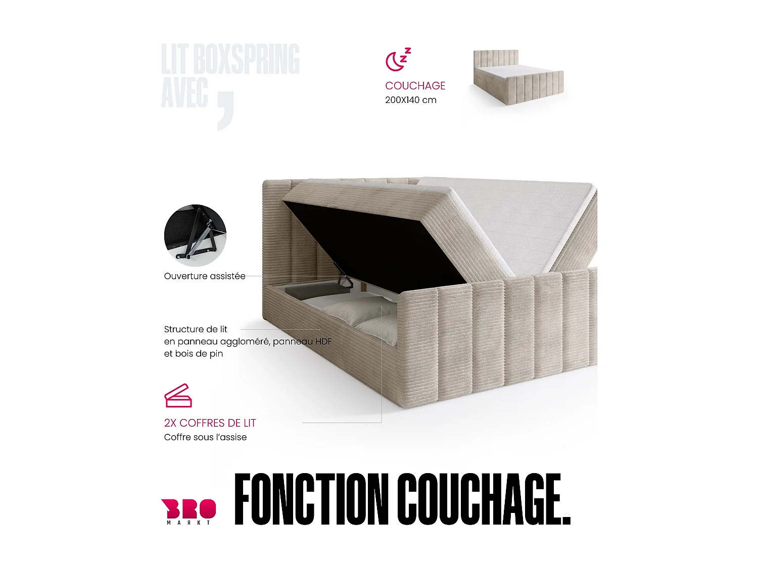 Lit boxspring avec rangement DENVER DUO - matelas - surmatelas - blanc - 140x200 cm