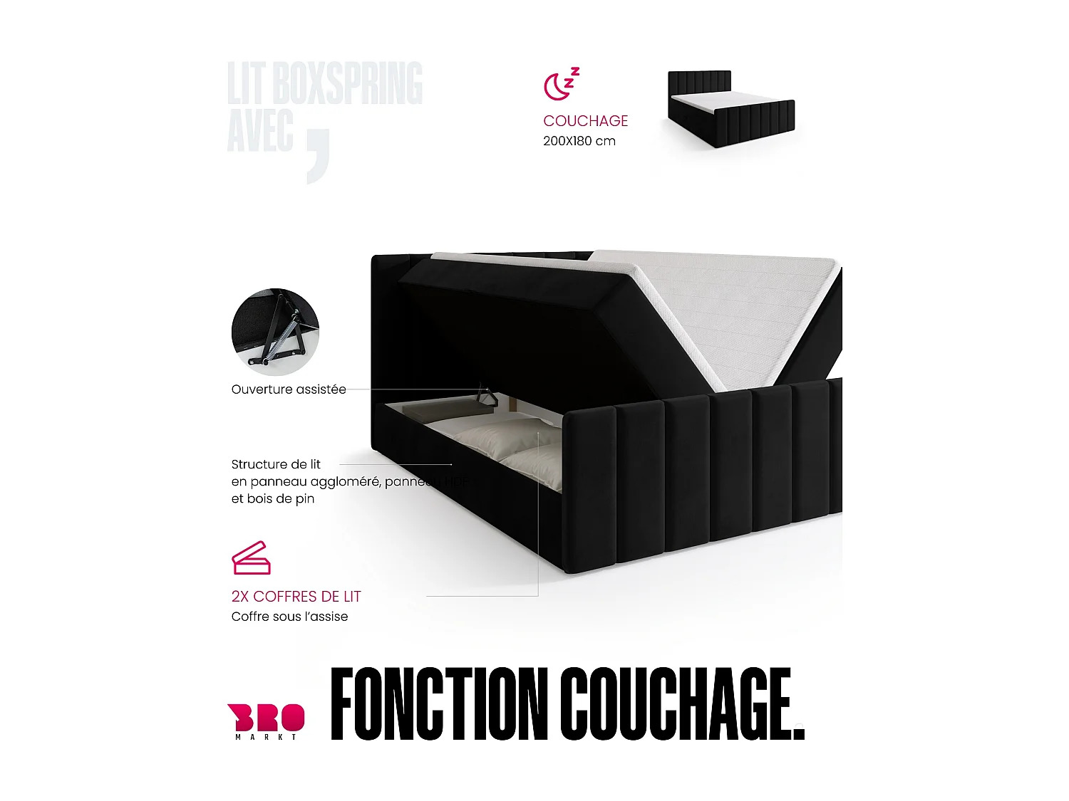 Lit boxspring avec rangement DENVER DUO - matelas - surmatelas - noir - 180x200 cm