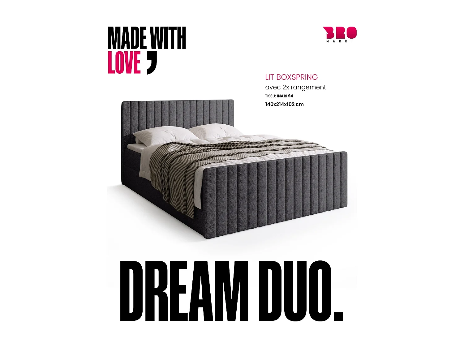 Lit boxspring avec rangement DREAM DUO - matelas - surmatelas - gris  - 140x200 cm