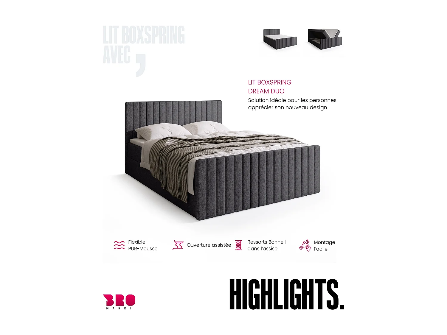 Lit boxspring avec rangement DREAM DUO - matelas - surmatelas - gris  - 140x200 cm