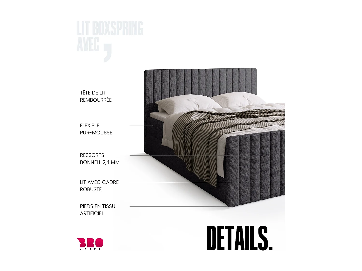Lit boxspring avec rangement DREAM DUO - matelas - surmatelas - gris  - 180x200 cm