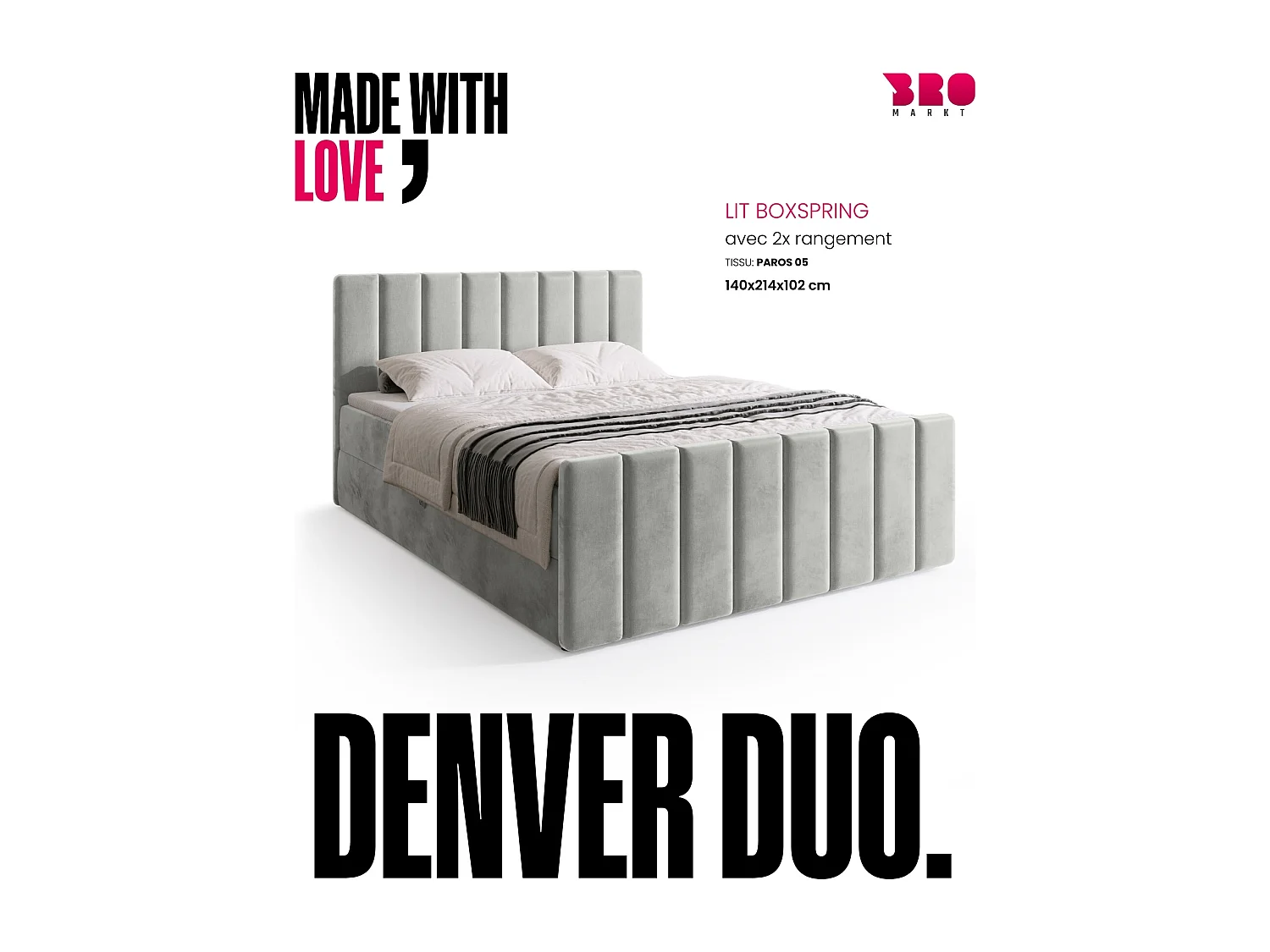 Lit boxspring avec rangement DENVER DUO - matelas - surmatelas - gris - 140x200 cm