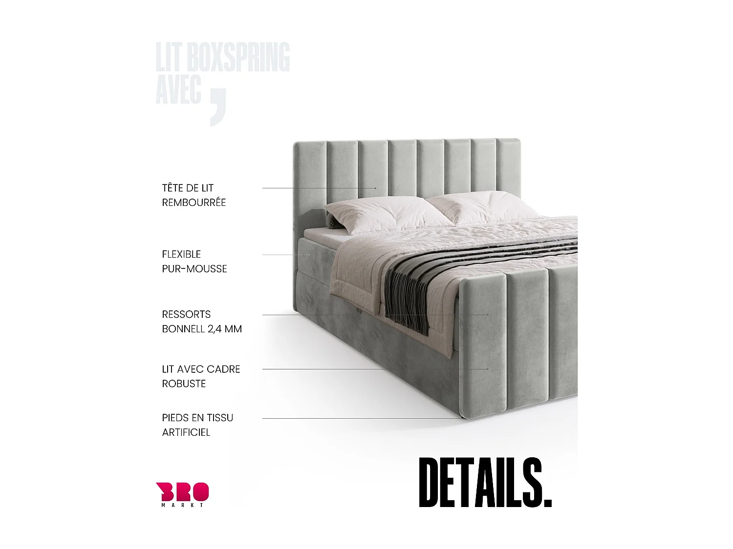 Lit boxspring avec rangement DENVER DUO - matelas - surmatelas - gris - 140x200 cm