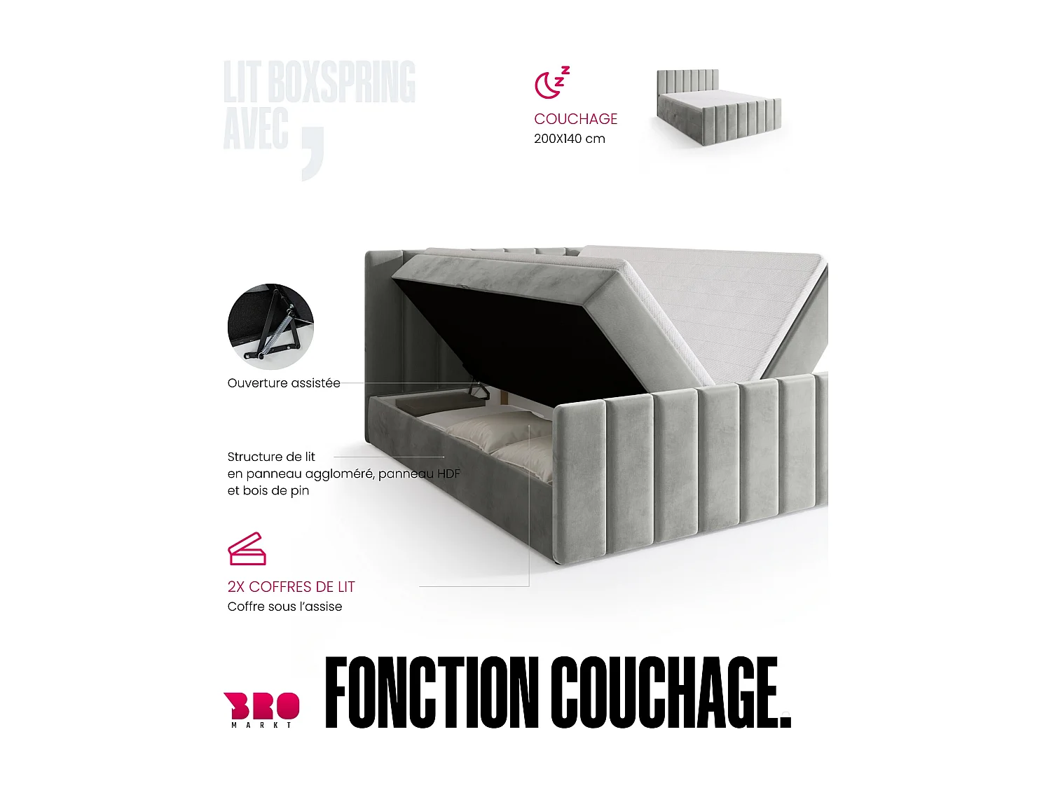 Lit boxspring avec rangement DENVER DUO - matelas - surmatelas - gris - 140x200 cm