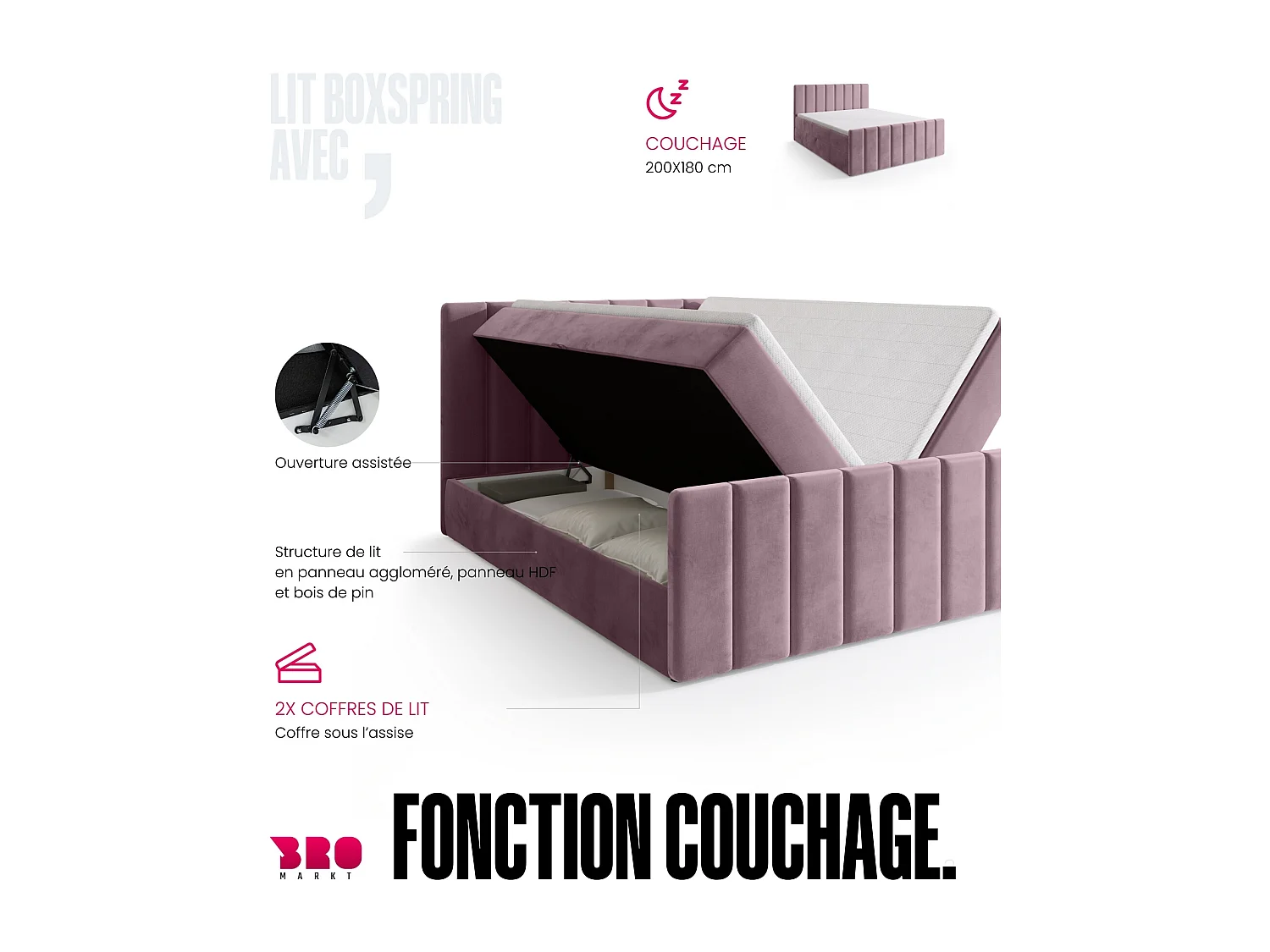 Lit boxspring avec rangement DENVER DUO - matelas - surmatelas - rose poudré - 180x200 cm