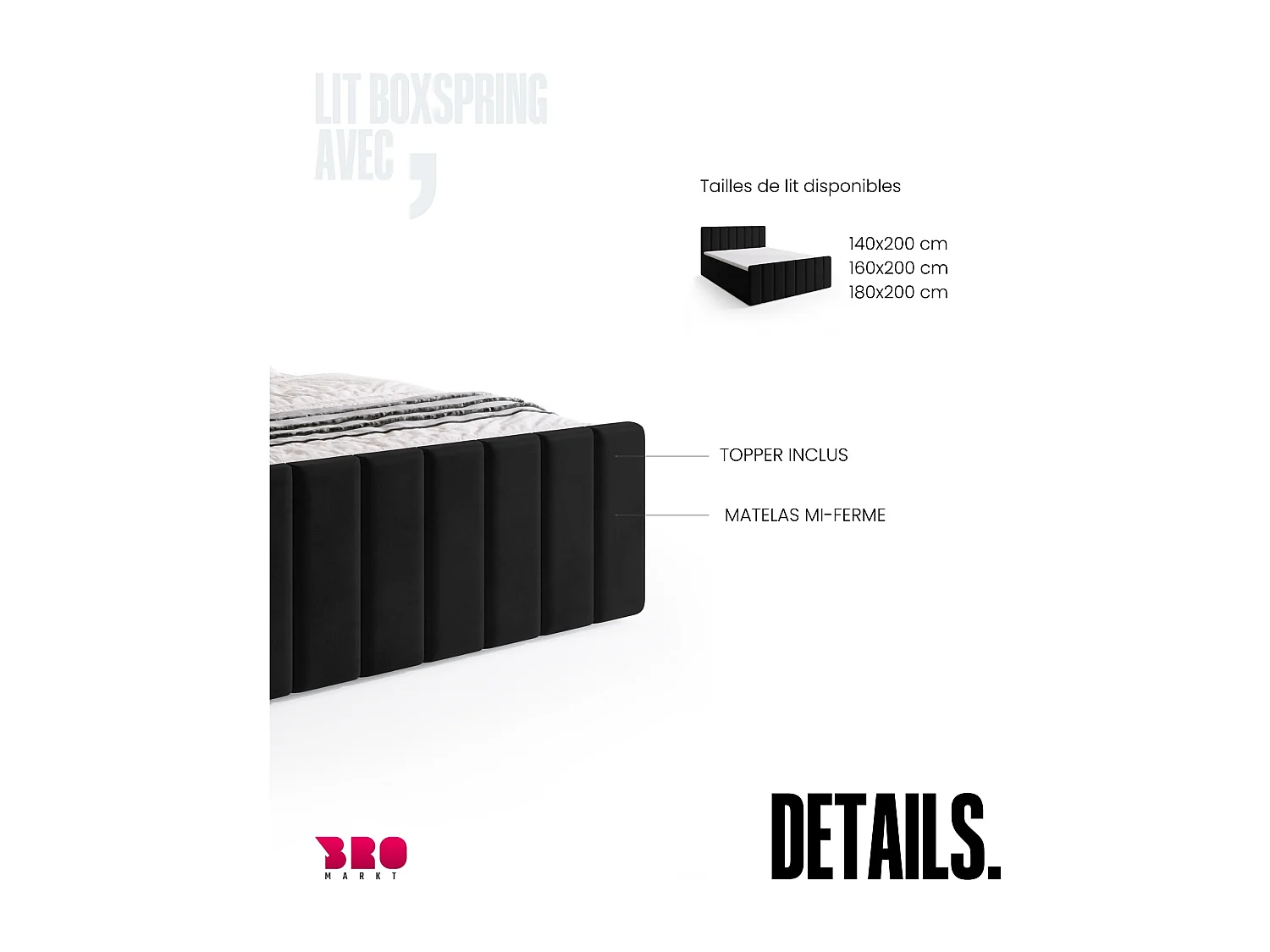 Lit boxspring avec rangement DENVER DUO - matelas - surmatelas - noir - 160x200 cm