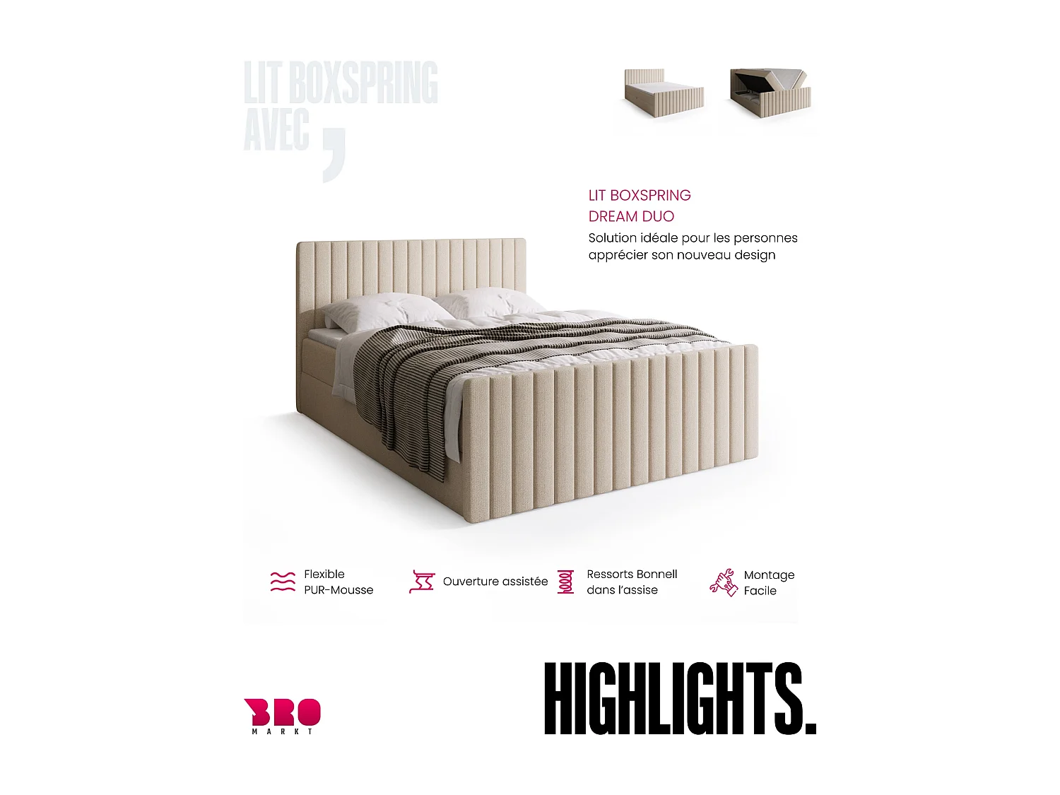 Lit boxspring avec rangement DREAM DUO - matelas - surmatelas - beige - 140x200 cm