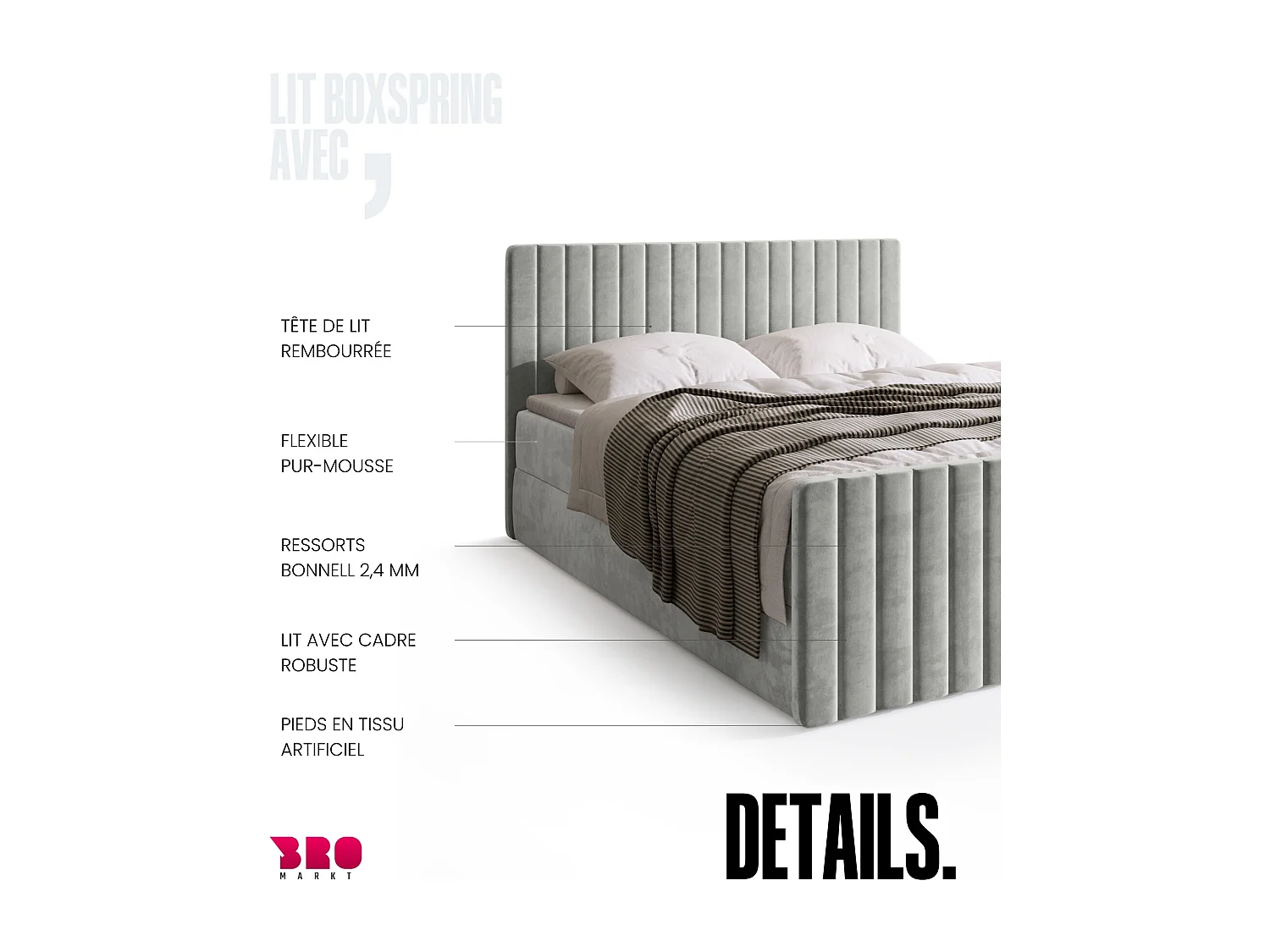 Lit boxspring avec rangement DREAM DUO - matelas - surmatelas - gris - 180x200 cm