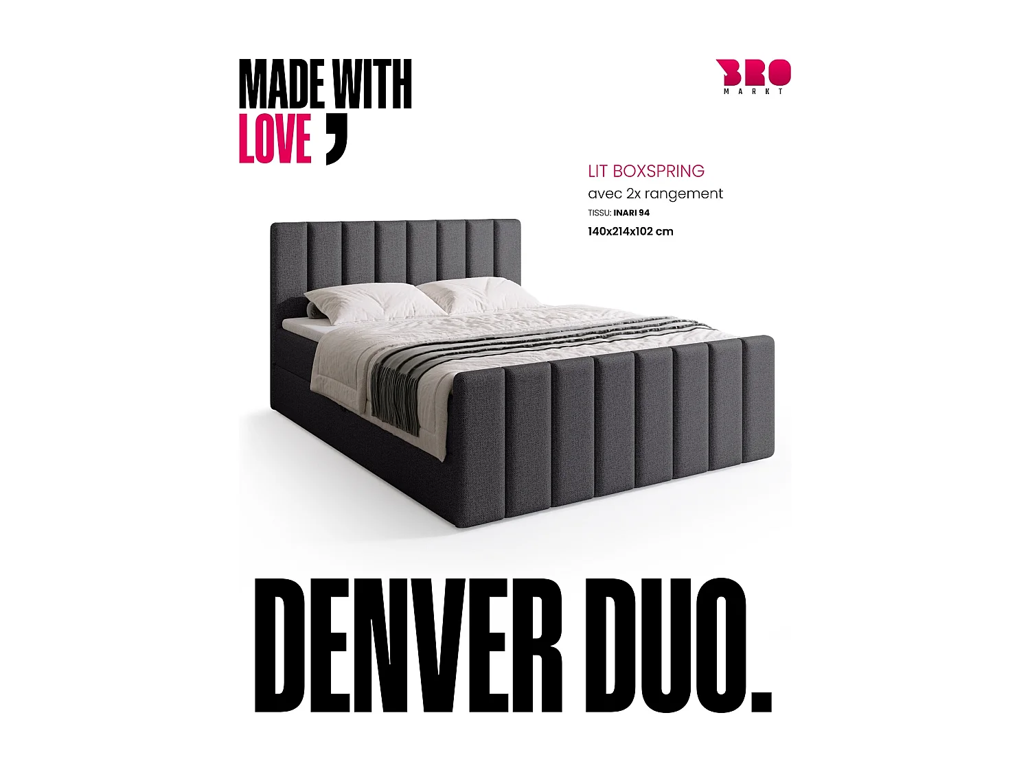 Lit boxspring avec rangement DENVER DUO - matelas - surmatelas - gris  - 140x200 cm