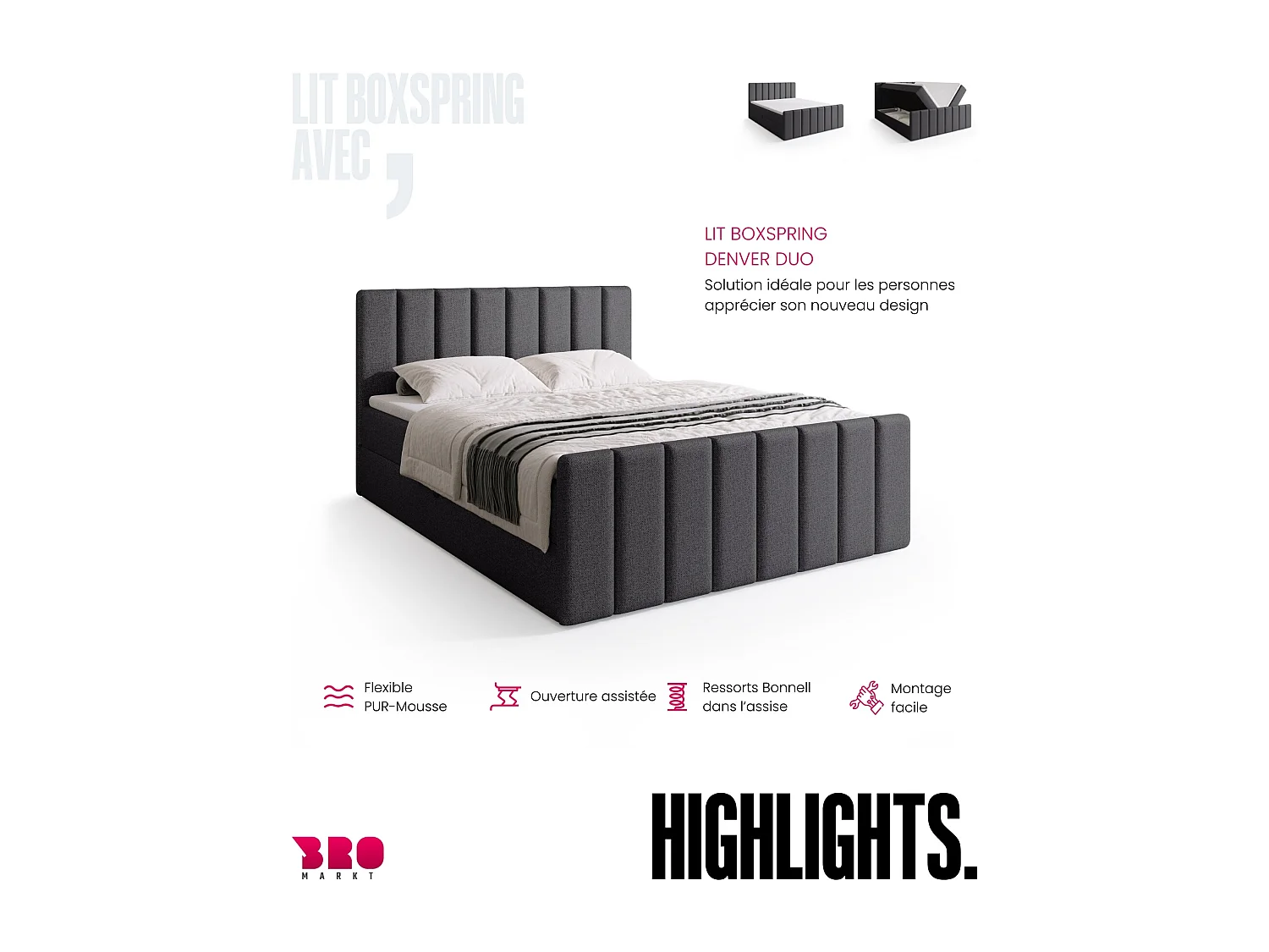 Lit boxspring avec rangement DENVER DUO - matelas - surmatelas - gris  - 140x200 cm