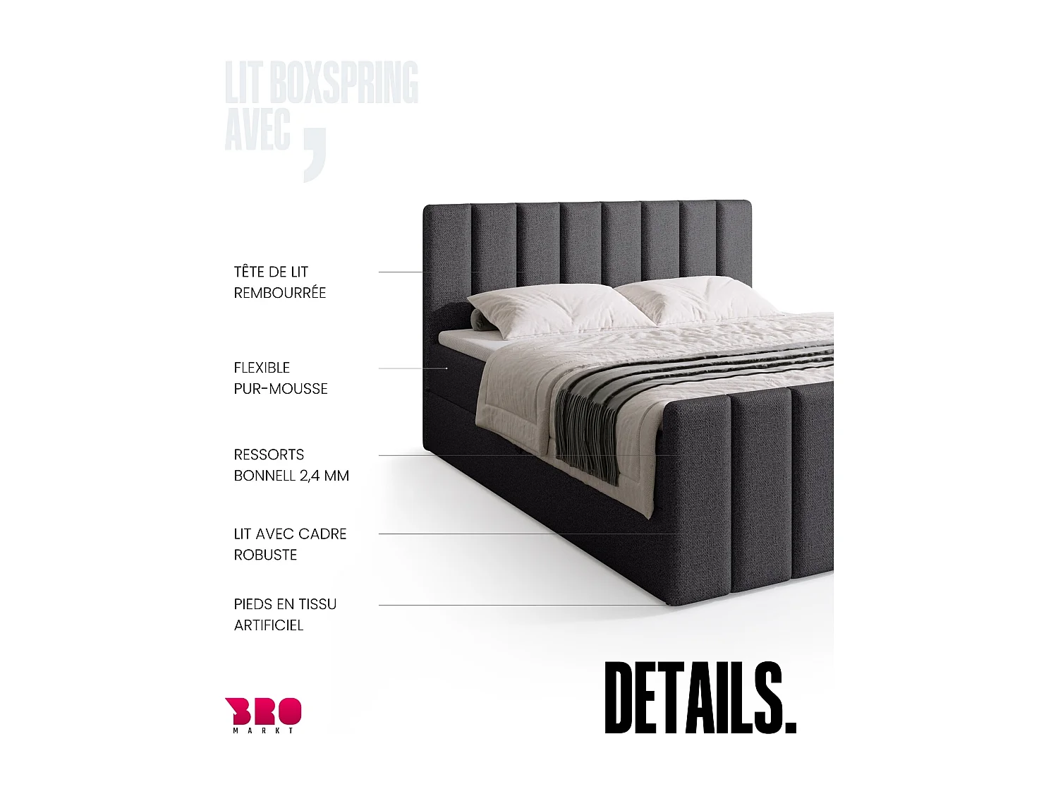 Lit boxspring avec rangement DENVER DUO - matelas - surmatelas - gris  - 140x200 cm