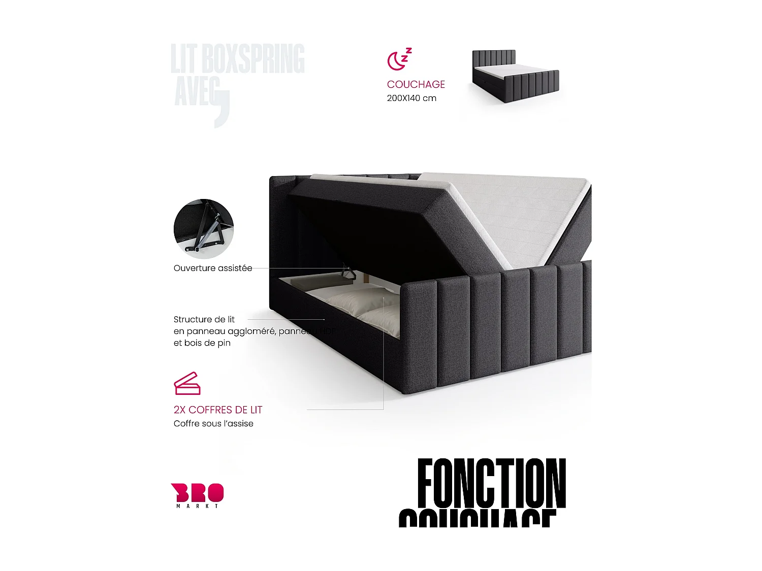 Lit boxspring avec rangement DENVER DUO - matelas - surmatelas - gris  - 140x200 cm