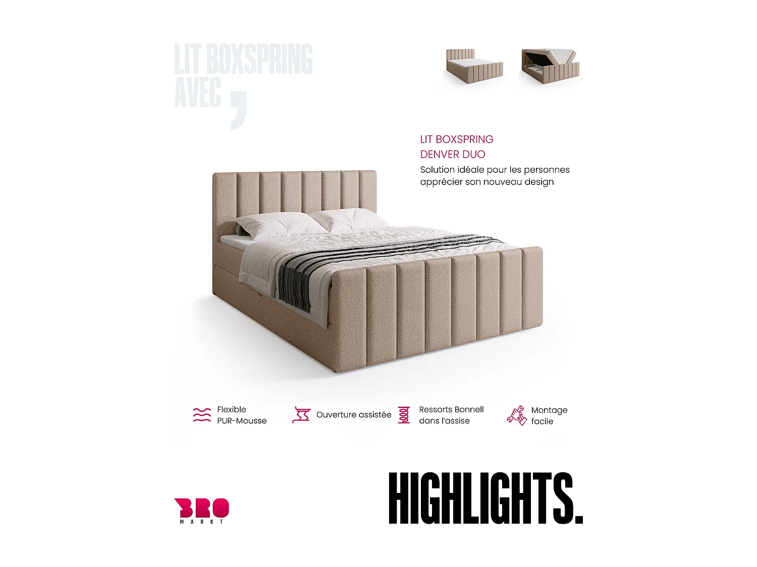 Boxspringbed met hoofdeinde, matras en dekmatras - DENVER DUO - 160x200 - crème