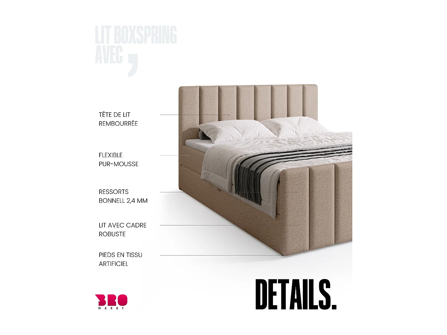 Boxspringbed met hoofdeinde, matras en dekmatras - DENVER DUO - 160x200 - crème