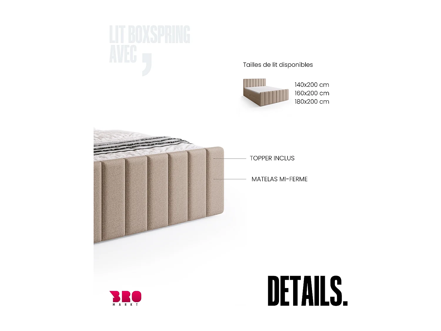 Boxspringbed met hoofdeinde, matras en dekmatras - DENVER DUO - 160x200 - crème