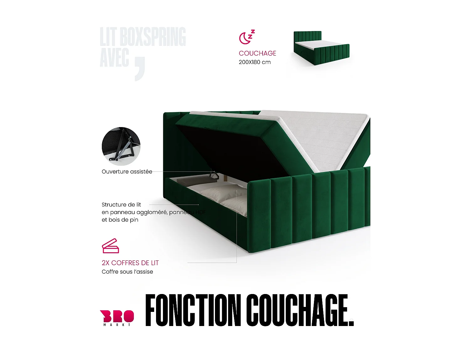 Lit boxspring avec rangement DENVER DUO - matelas - surmatelas - vert foncé - 180x200 cm