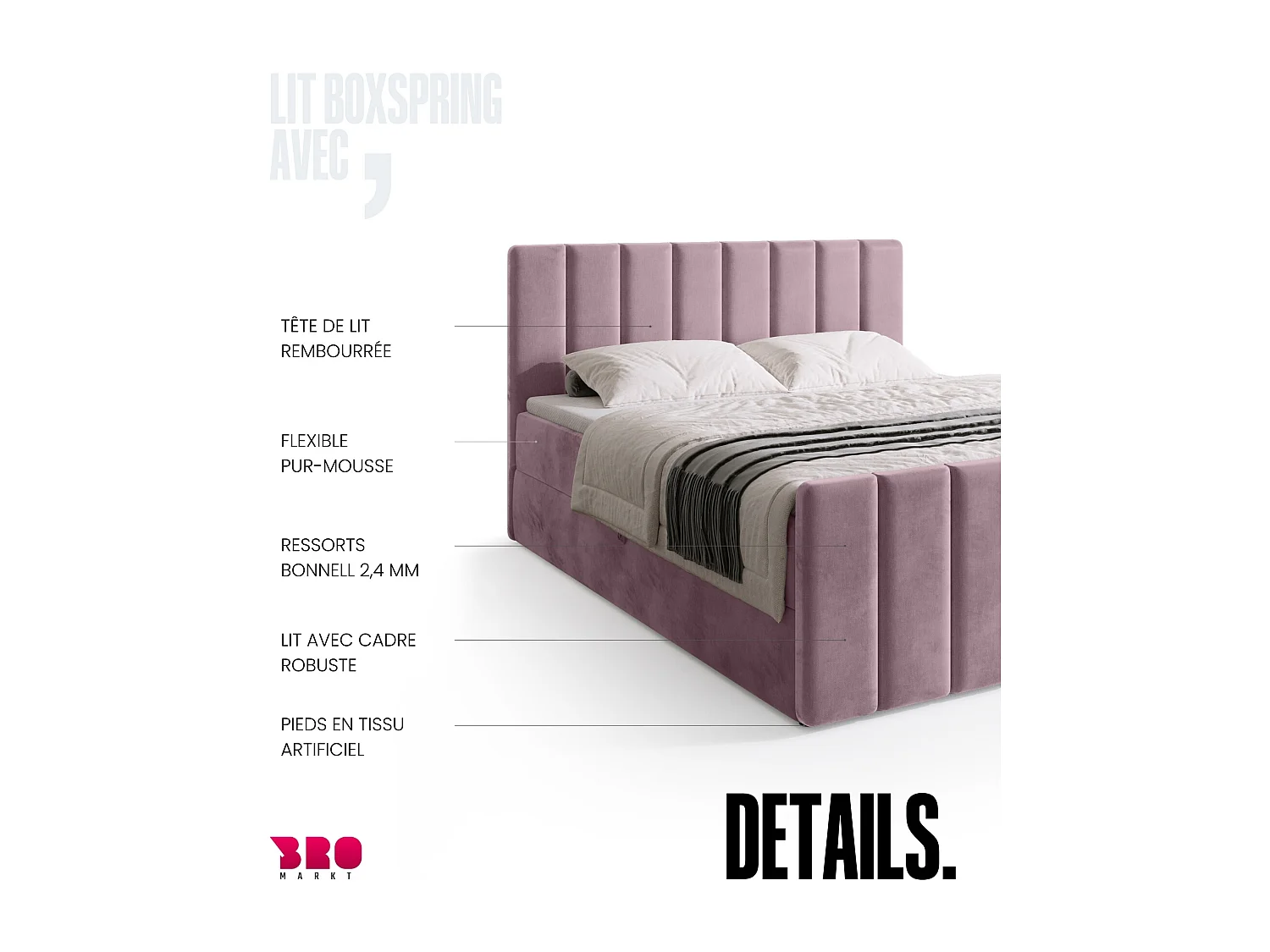 Lit boxspring avec rangement DENVER DUO - matelas - surmatelas - rose poudré - 160x200 cm