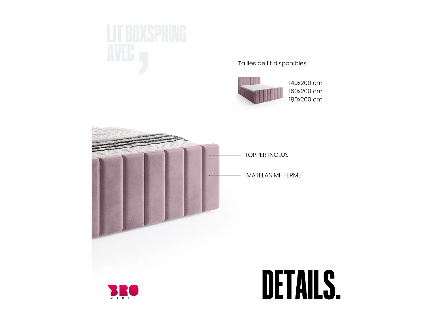 Lit boxspring avec rangement DENVER DUO - matelas - surmatelas - rose poudré - 160x200 cm
