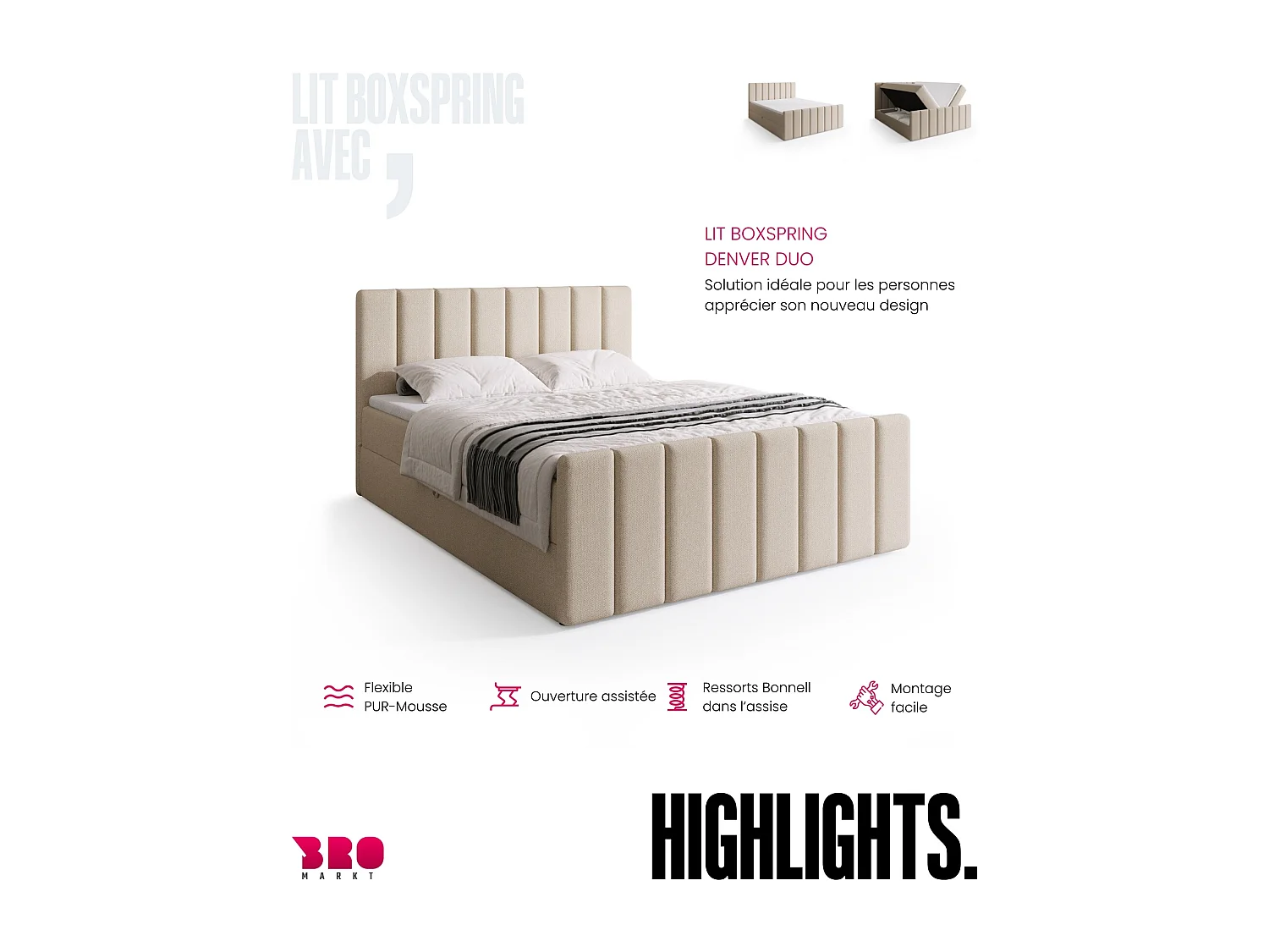 Lit boxspring avec rangement DENVER DUO - matelas - surmatelas - beige - 180x200 cm