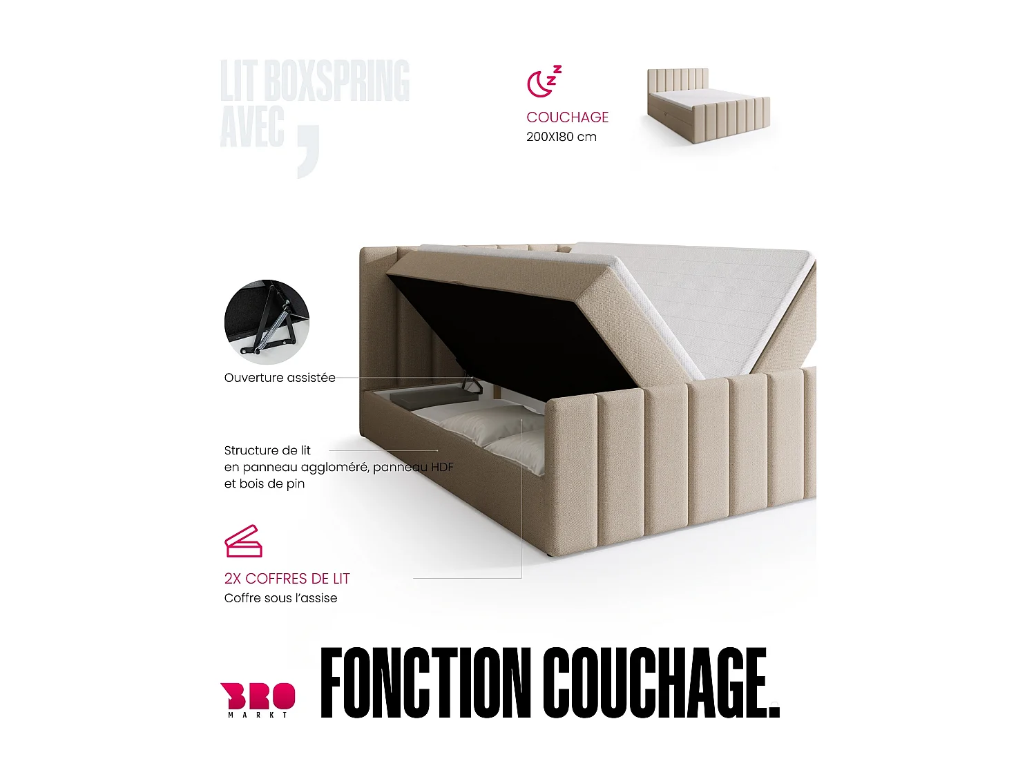 Lit boxspring avec rangement DENVER DUO - matelas - surmatelas - beige - 180x200 cm