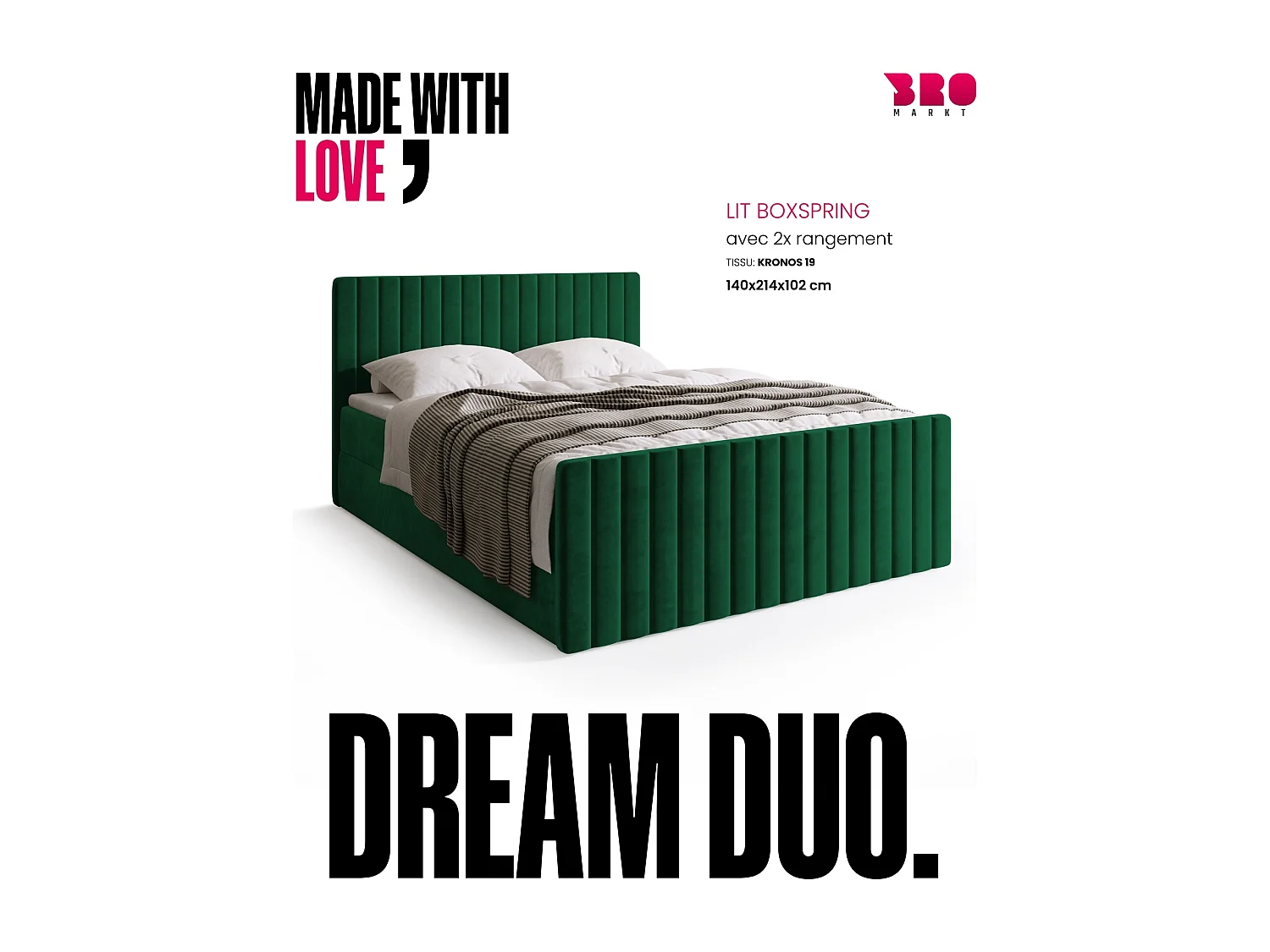 Lit boxspring avec rangement DREAM DUO - matelas - surmatelas - vert foncé - 140x200 cm