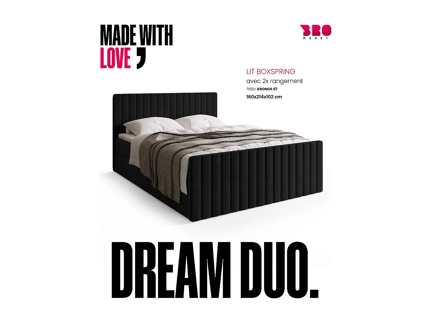 Lit boxspring avec rangement DREAM DUO - matelas - surmatelas - noir - 160x200 cm