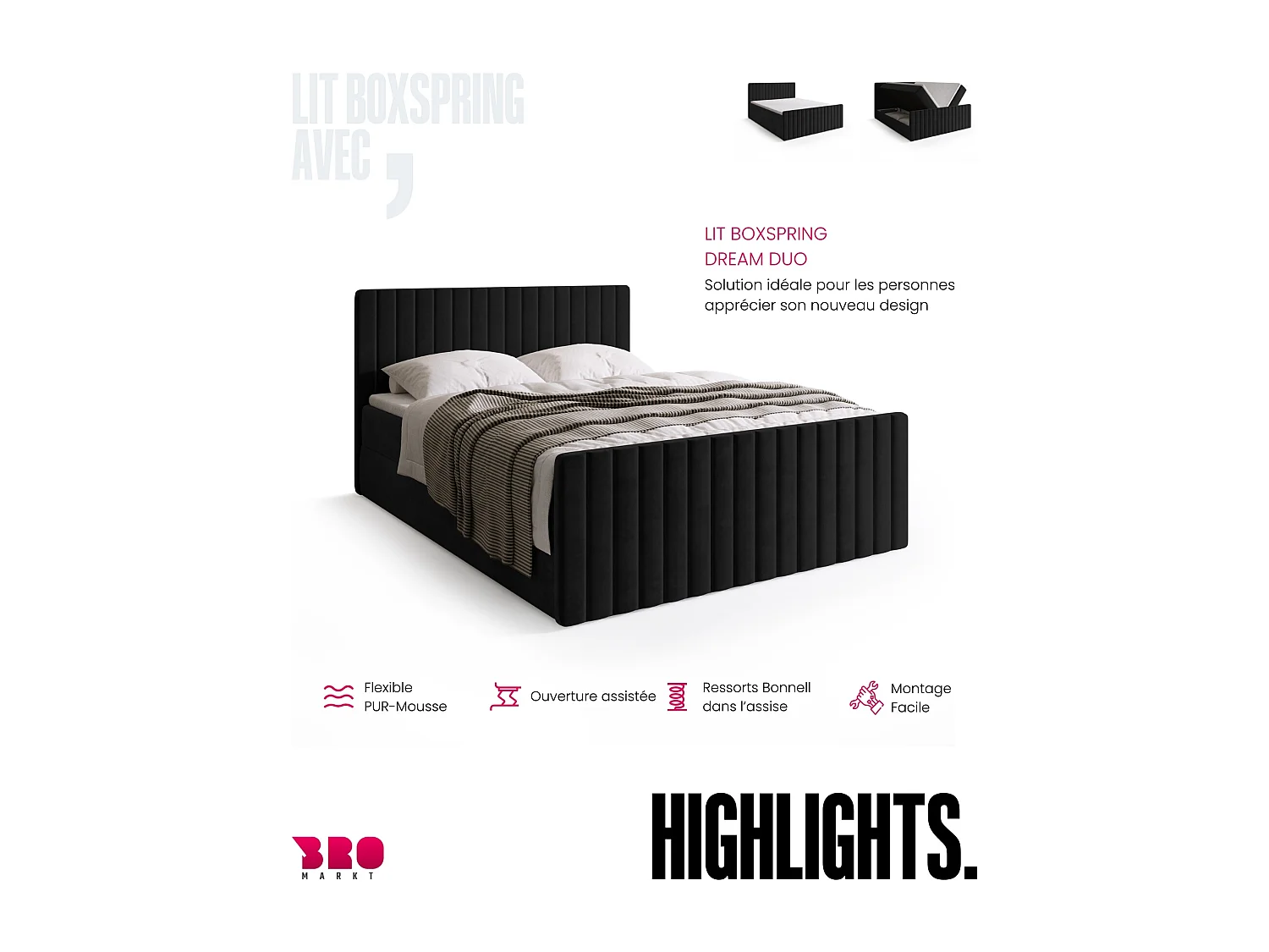 Lit boxspring avec rangement DREAM DUO - matelas - surmatelas - noir - 160x200 cm