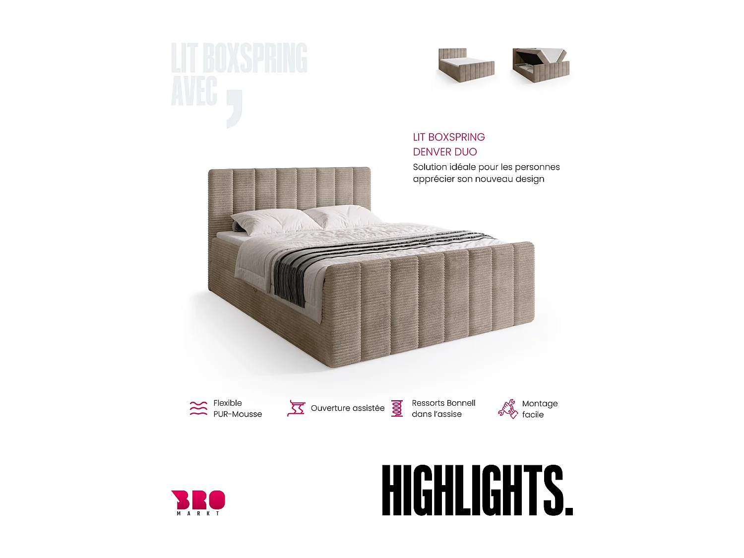 Lit boxspring avec rangement DENVER DUO - matelas - surmatelas - crème - 140x200 cm