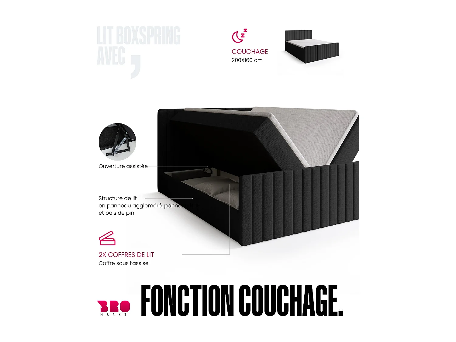 Lit boxspring avec rangement DREAM DUO - matelas - surmatelas - gris foncé - 160x200 cm