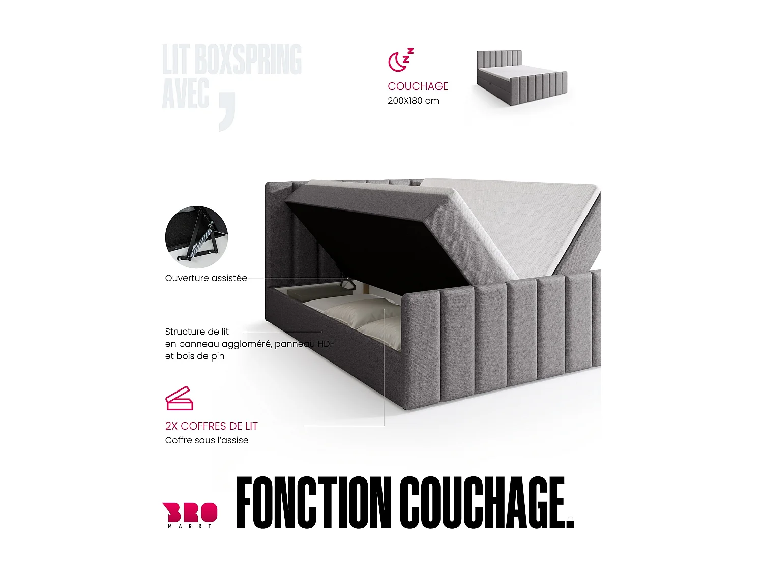 Lit boxspring avec rangement DENVER DUO - matelas - surmatelas - gris clair - 180x200 cm