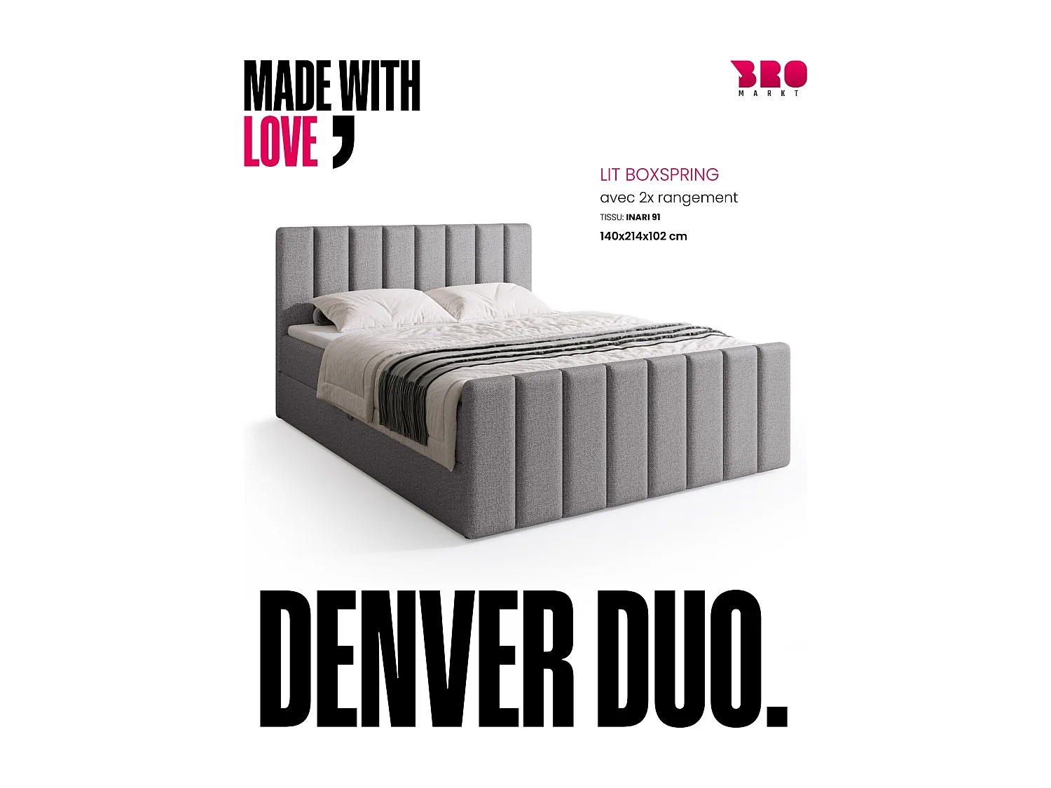 Lit boxspring avec rangement DENVER DUO - matelas - surmatelas - gris clair - 140x200 cm