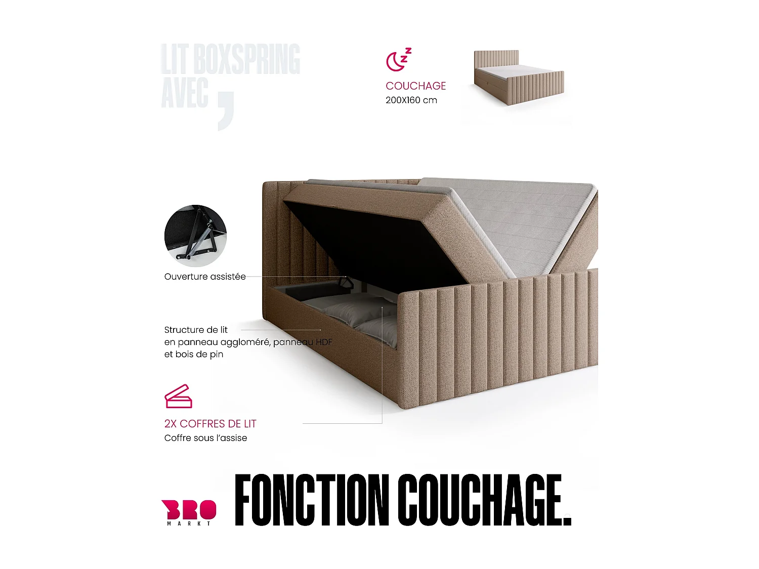 Lit boxspring avec rangement DREAM DUO - matelas - surmatelas - crème - 160x200 cm