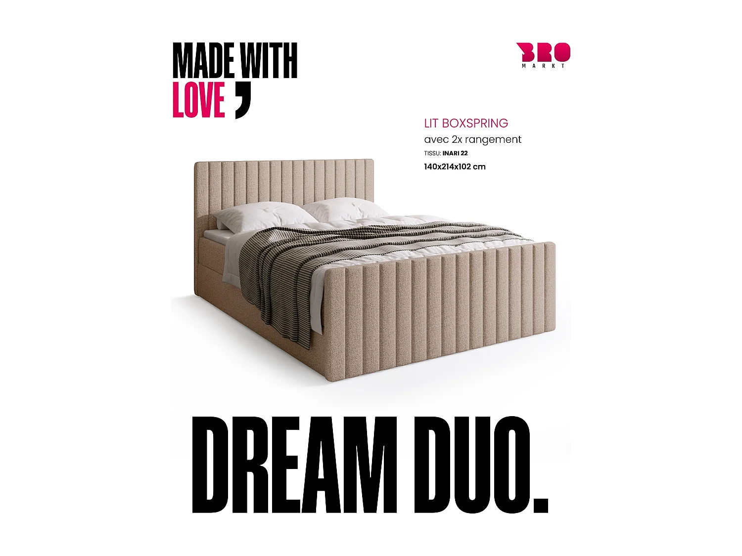 Lit boxspring avec rangement DREAM DUO - matelas - surmatelas - crème - 140x200 cm