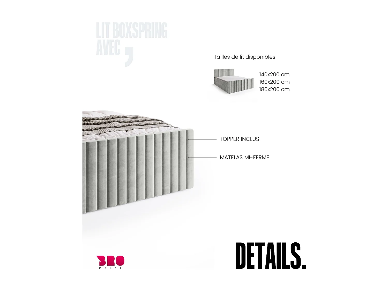 Lit boxspring avec rangement DREAM DUO - matelas - surmatelas - gris - 160x200 cm