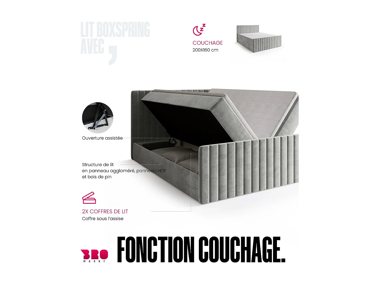Lit boxspring avec rangement DREAM DUO - matelas - surmatelas - gris - 160x200 cm