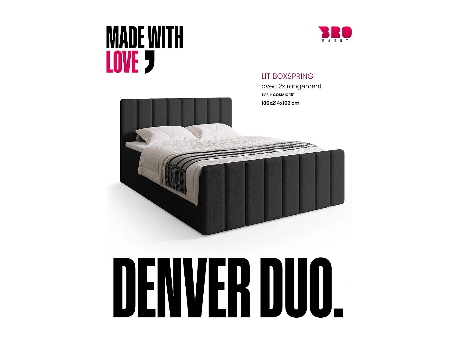 Lit boxspring avec rangement DENVER DUO - matelas - surmatelas - gris foncé - 180x200 cm