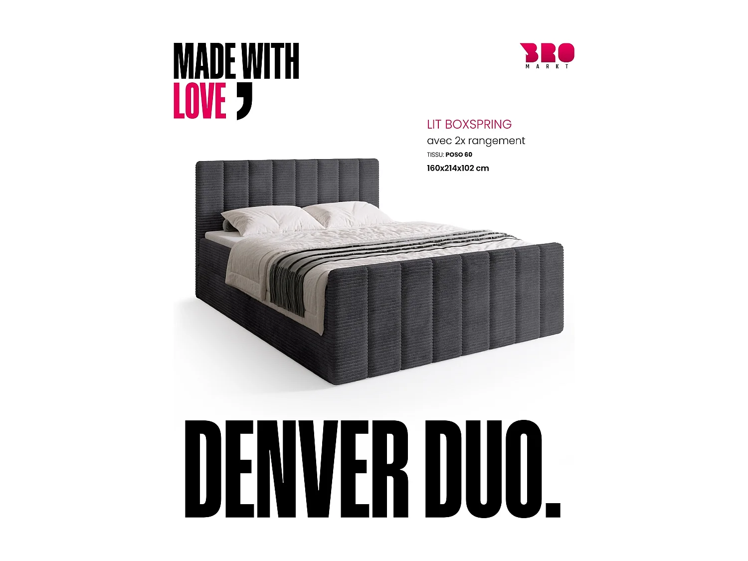 Lit boxspring avec rangement DENVER DUO - matelas - surmatelas - gris - 160x200 cm