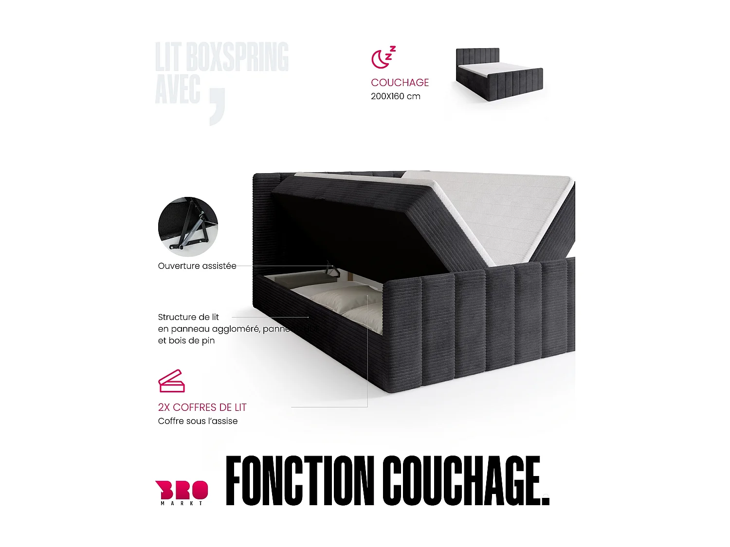 Lit boxspring avec rangement DENVER DUO - matelas - surmatelas - gris - 160x200 cm