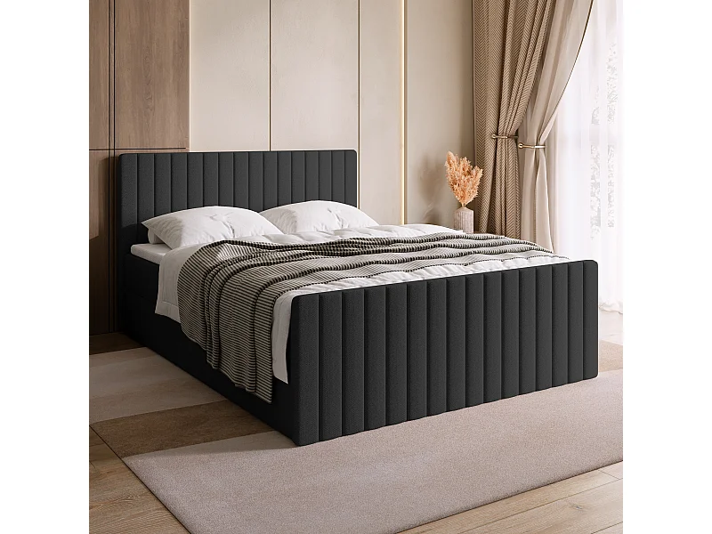 Lit boxspring avec rangement DREAM DUO - matelas - surmatelas - gris foncé - 180x200 cm