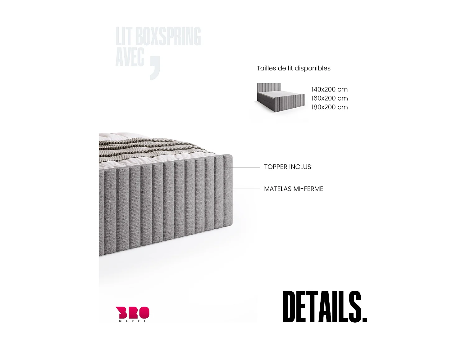 Lit boxspring avec rangement DREAM DUO - matelas - surmatelas - gris clair - 160x200 cm