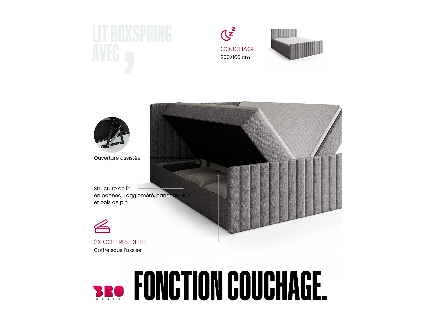 Lit boxspring avec rangement DREAM DUO - matelas - surmatelas - gris clair - 160x200 cm