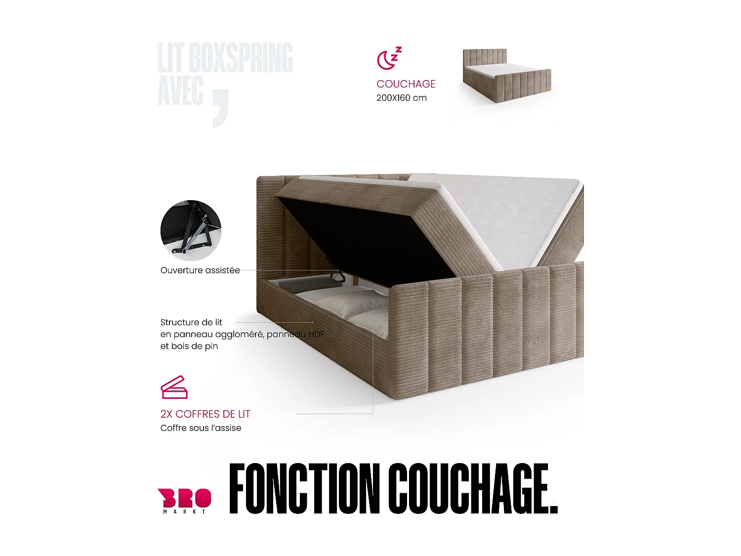 Lit boxspring avec rangement DENVER DUO - matelas - surmatelas - crème - 160x200 cm